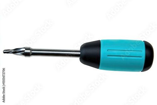 Teal-handled metal tool with spiral tip.