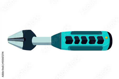 Teal and gray tool with arrow-shaped grip.
