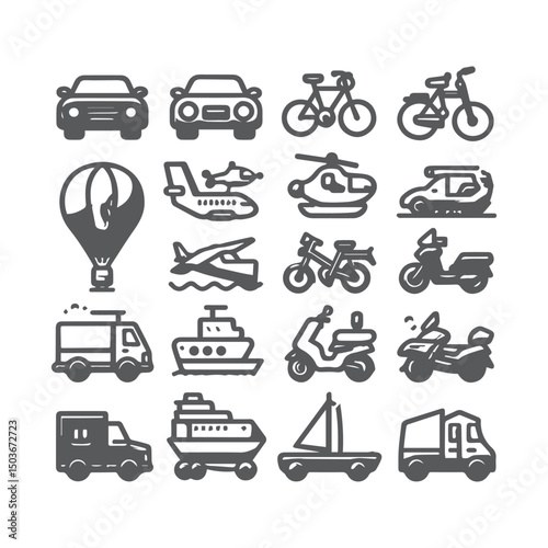 Containing car bike plane train bicycle motorbike bus icon design