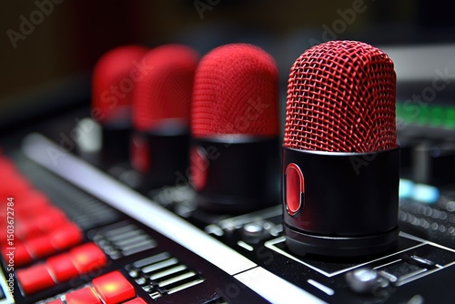 Close-up of red microphones on a mixing console.
