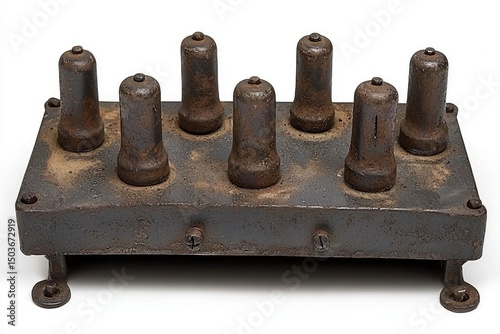 Metal box with cylindrical components exhibiting signs of age and wear.