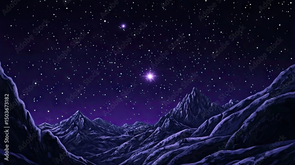 Fototapeta premium Starry night landscape with snow-capped mountains.
