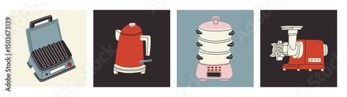 Set of posters with an electric grill, a kettle, a steamer and a grinder.
Good for representing kitchen appliances in product listings, instruction manuals, or cooking tutorials. Vector illustration.