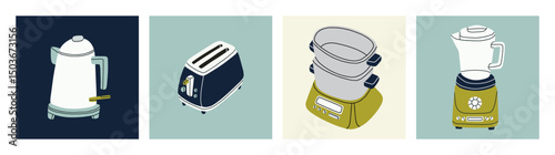 Set of posters with an electric kettle, a toaster, a steamer and a mixer. 
Good for representing kitchen appliances in product listings, instruction manuals, or cooking tutorials. Vector illustration.