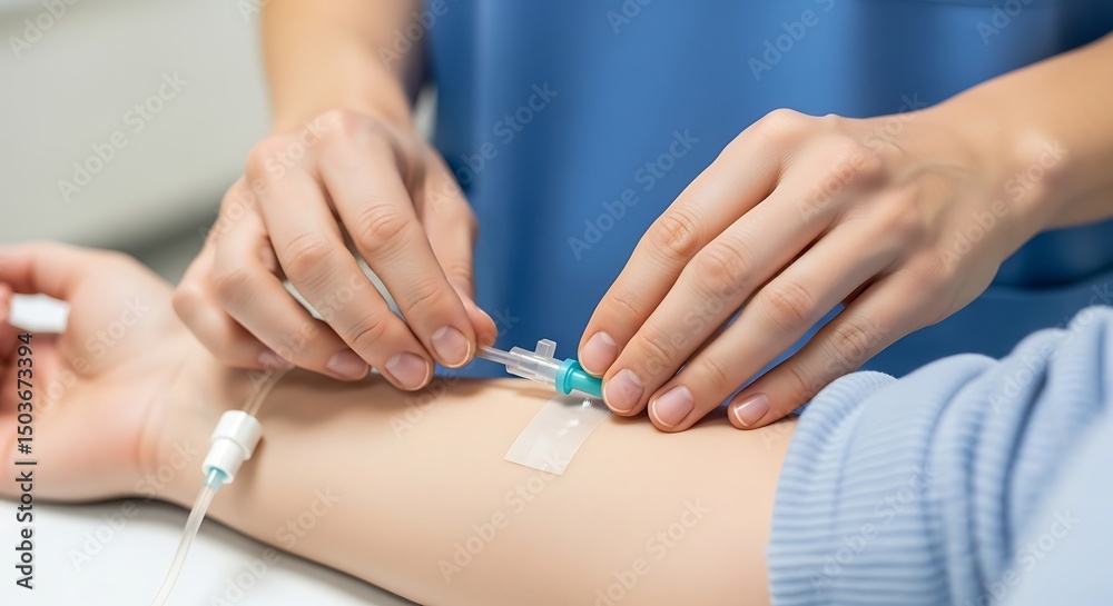 Fototapeta premium Inserting Iv Drip Into Patient Arm in Medical Setting
