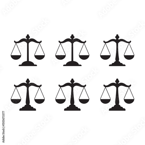 Set of Justice Scale Icons – Black and White Legal Balance Symbols for Law, Court, and Attorney Designs