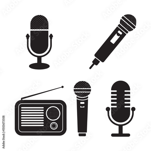 Collection of Black and White Audio Icons. Microphone and Radio Icon Set – Black and White Audio Symbols for Music, Podcast, and Broadcast Designs