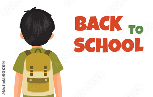 Back to school banner text and little schoolboy with backpack back view