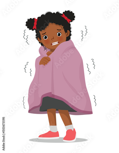 Little African girl trembling and shivering feeling cold covered with blanket
