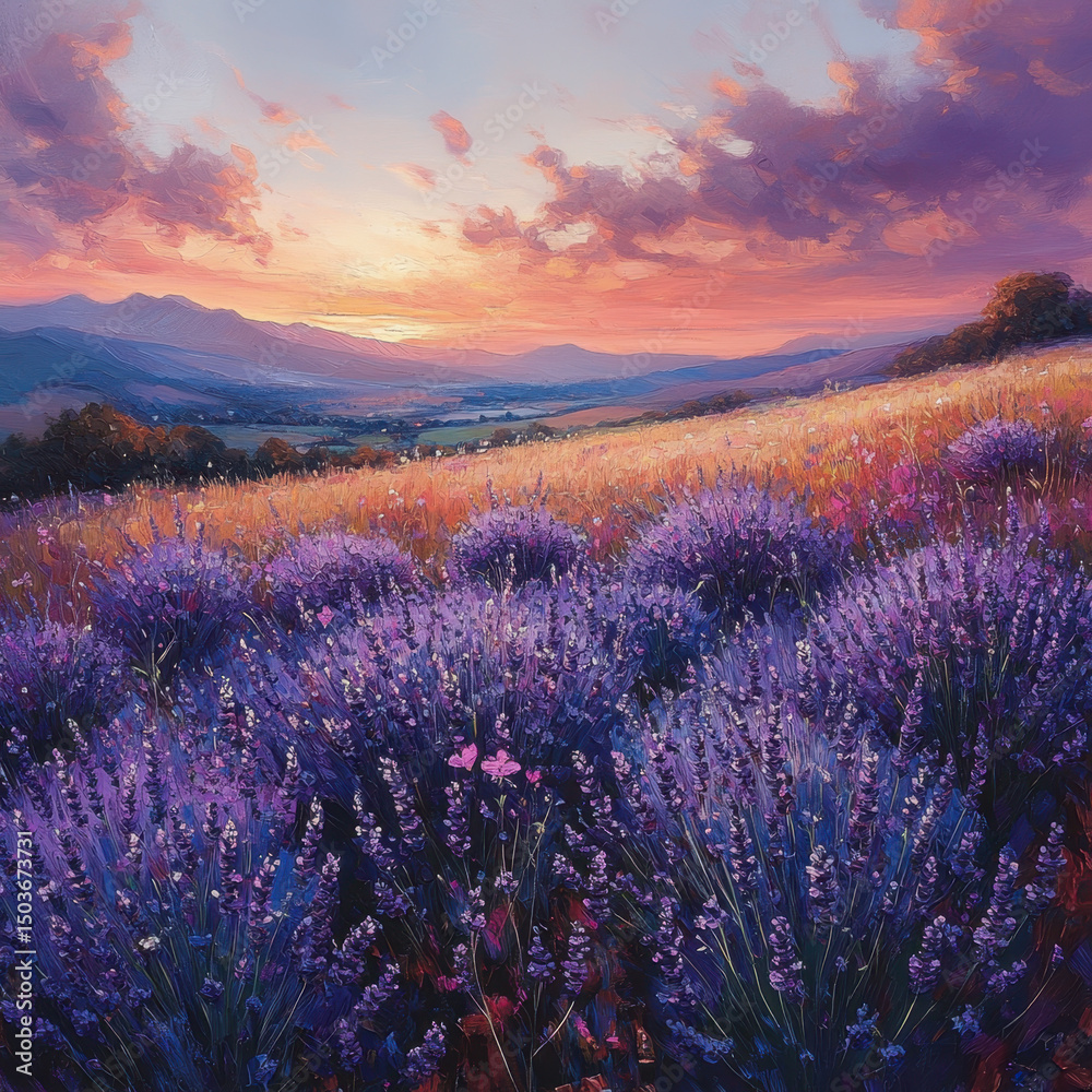 Fototapeta premium Field of lavender flowers in a painting.