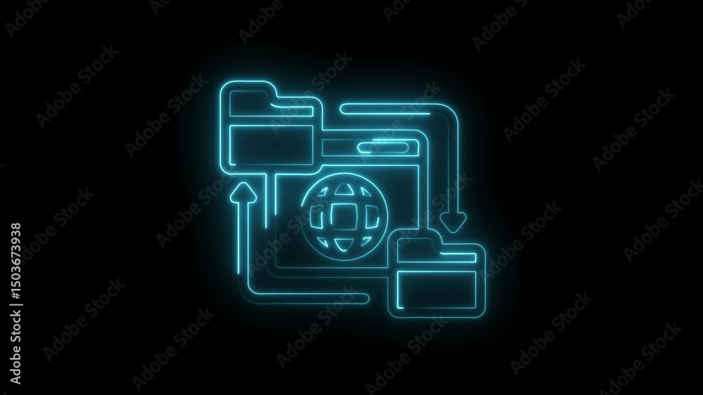 Neon style global data transfer animation with folder and globe icons on black background Neon style global data transfer animation with folder and globe icons on black background