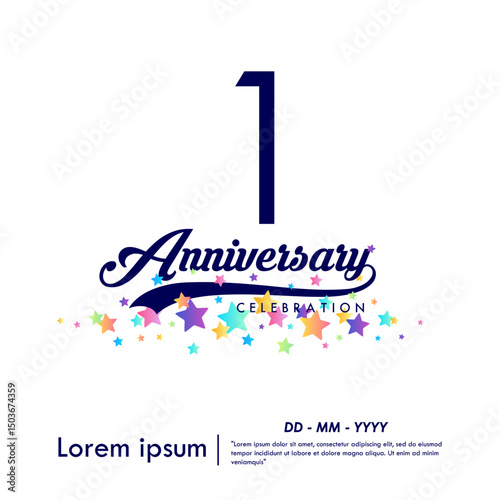 1st years anniversary celebration emblem. congratulations anniversary logo isolated with ribbon and colorful stars on white background. vector illustration template design	