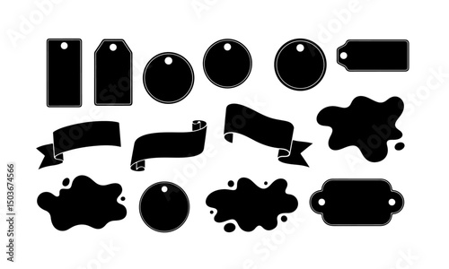 Assortment of Black Silhouette Tags, Ribbons, and Ink Blots