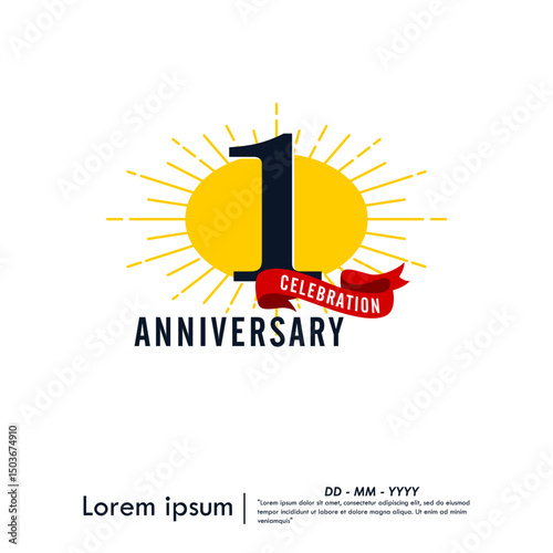 1st years anniversary celebration emblem. congratulations anniversary logo isolated with red ribbon and starburst on white background. vector illustration template design for web