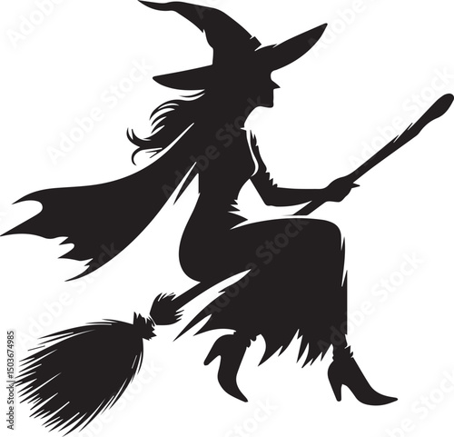 black and white flying witch, flying witch silhouette vector icon, flying witch logo vector