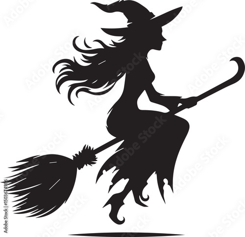 black and white flying witch, flying witch silhouette vector icon, flying witch logo vector