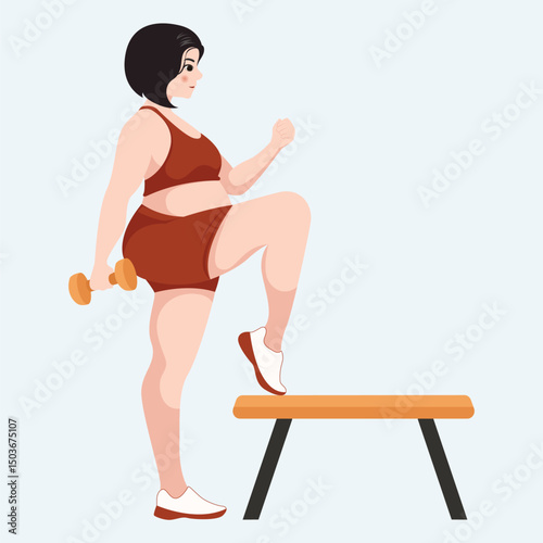 Plus Size Woman doing step aerobics exercise with dumbbell