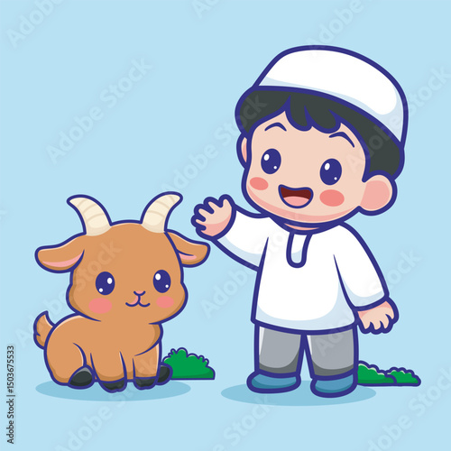 Cute illustration of a Muslim boy wearing traditional clothes happily interacting with a brown goat, in eid al adha celebrate.