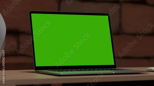 Laptop with Green Screen on Wooden Desk, Brick Wall Background