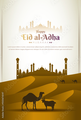 islamic greetings eid al adha mubarak card design with silhouette of desert, camel, goat and masque
