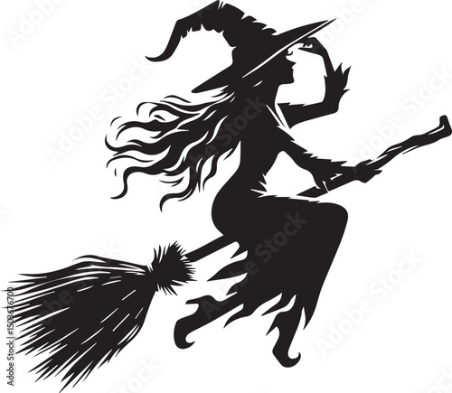 black and white flying witch, flying witch silhouette vector icon, flying witch logo vector