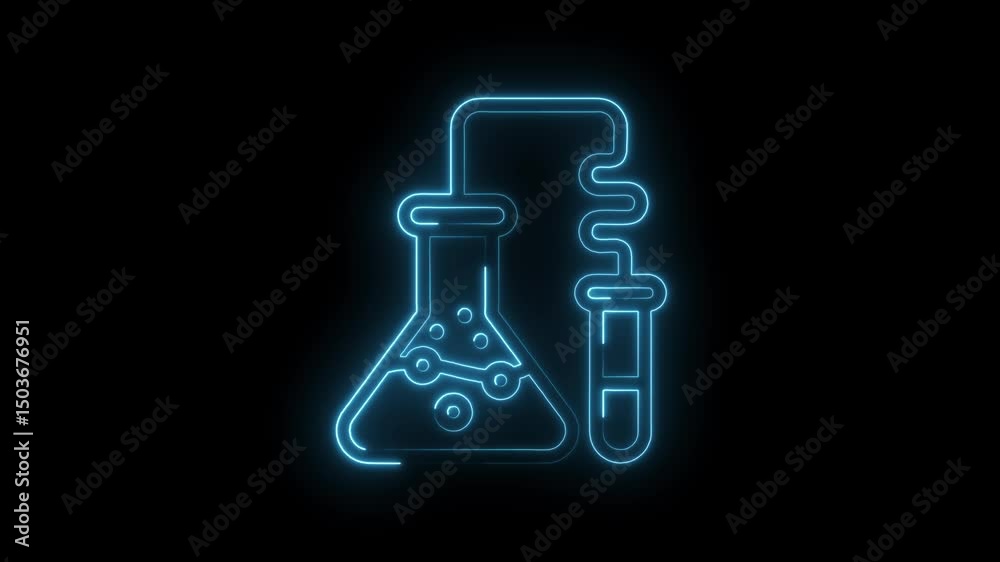 Blue neon glowing chemistry lab equipment with beaker and test tube on black Blue neon glowing chemistry lab equipment with beaker and test tube on black