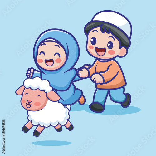 Fun cartoon of Muslim boy and girl joyfully playing with a sheep, illustrating the joyful spirit of Eid al-Adha celebration.