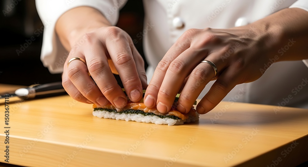 Obraz premium Preparing Sushi Roll with Salmon and Rice on Wooden Board