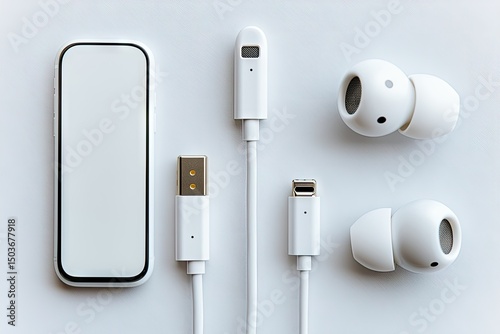 White electronic accessories arranged on a light background.