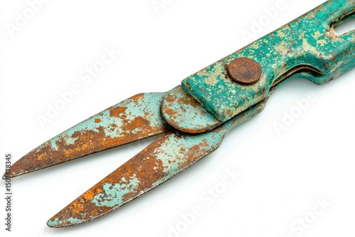 Close-up of rusty teal-colored shears.