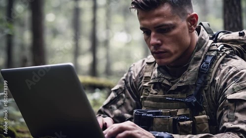 A soldier, immersed in work, utilizes a laptop amidst the forest.Military personnel, using a laptop, demonstrates adaptability in a woodland environment.

