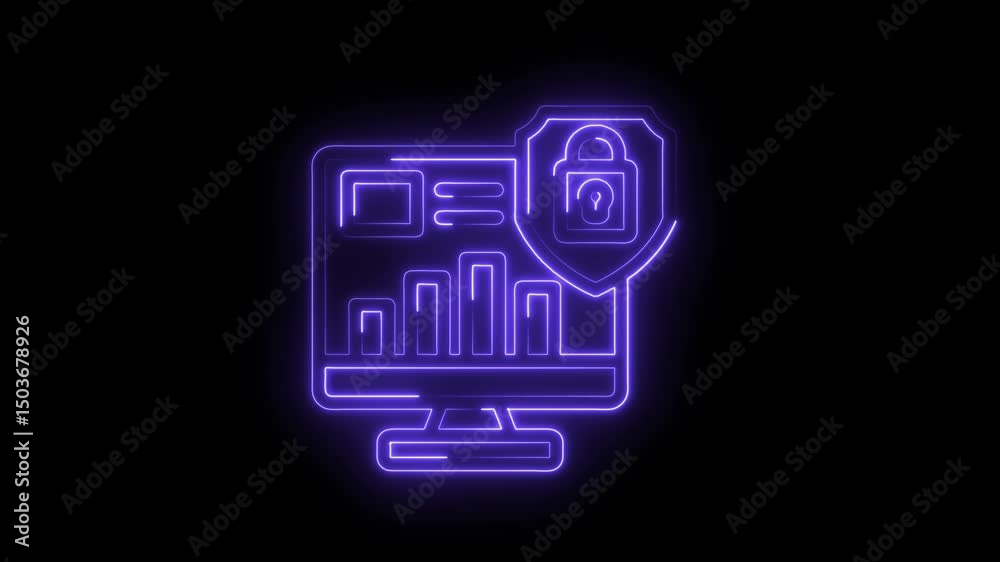 Neon style data protection concept with glowing padlock and computer analytics security theme Neon style data protection concept with glowing padlock and computer analytics security theme