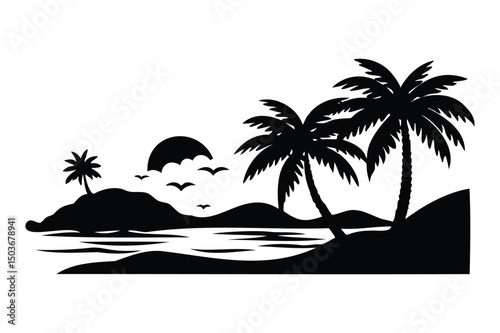 Beach Landscape silhouette on white background