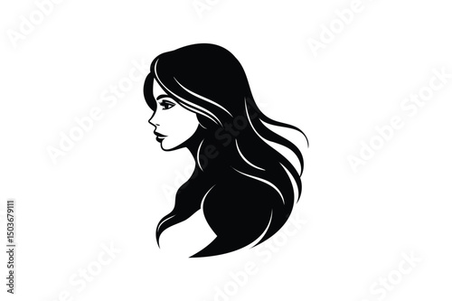 Beautiful girl in profile with long hair silhouette on white background