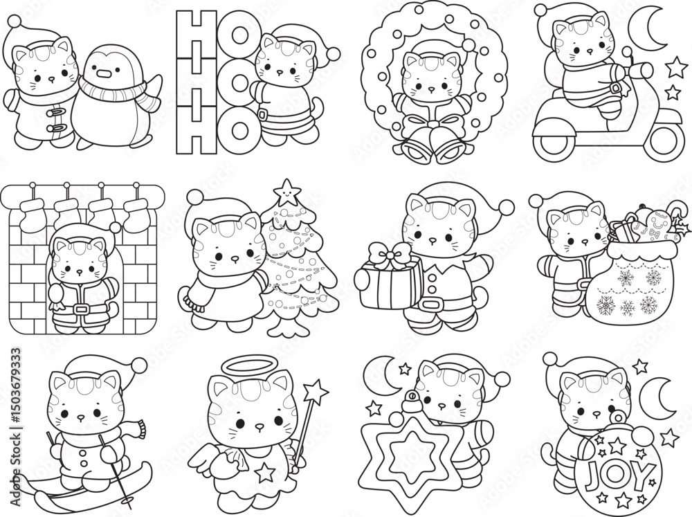 Obraz premium Lineart of a bunch of cute cat with various activities. Outline ofkKawaii animal kitty for scrapbook and sticker.