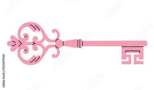 Vector illustration of pink antique key isolated on white background. can be used in interior design concepts, event invitations, logo creations, travel brochures, cards etc. Cute design.