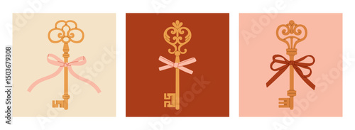 Collection of cute posters with bows and antique keys. Ideal for interior design concepts, invitations, logo creations, travel brochures, cards etc. Vector illustrations in pastel colors.