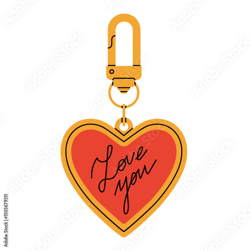 Vector illustration with a shiny metal heart-shaped keychain engraved with the sweet message “Love You”. Perfect for Valentine's Day, anniversaries, wedding, logo design , greeting cards, printables.