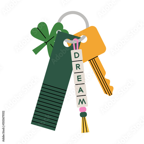 Illustration of key with trendy keychains. Perfect for creating real estate and mortgage advertising and inspiring lifestyle concepts. Vector illustration isolated on white background.