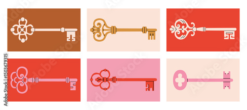 Collection of colorful posters with antique keys. Ideal for interior design concepts, invitations, logo creations, travel brochures, cards etc. Vector illustration.
