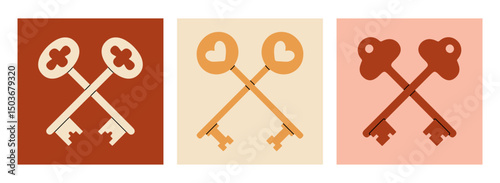 Collection of classic posters with antique keys. Ideal for interior design concepts, invitations, logo creations, travel brochures, cards etc. Vector illustration.