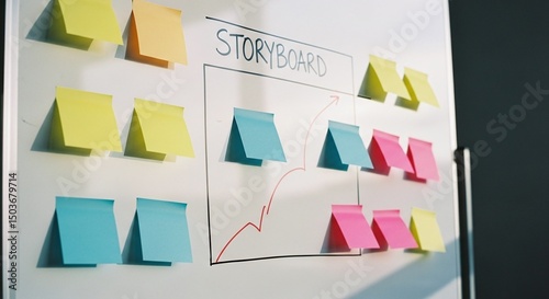 Brainstorming board with colorful sticky notes and a storyboard concept