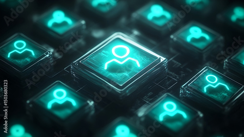 Connected Digital World, Glowing User Icons on a Dark, Futuristic Grid Background

