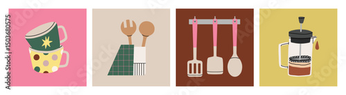 Set of posters featuring cozy still lifes with cups, morning coffee and cooking tools. For café wall art, kitchen decor, restaurant branding or food blog backgrounds. Vector illustration.