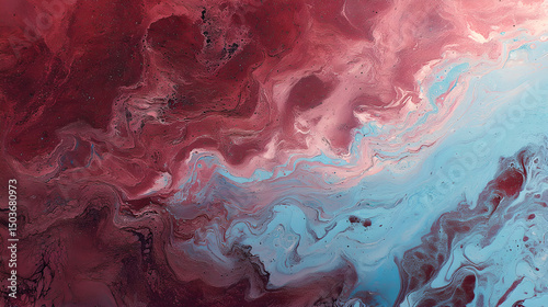 An mesmerizing abstract artwork featuring fluid movements of deep reds, soft pinks, and serene blues