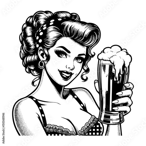Pin-up girl holding glass of beer sketch engraving black and white outline. Scratch board imitation.  illustrated in vintage line art style on a white background.