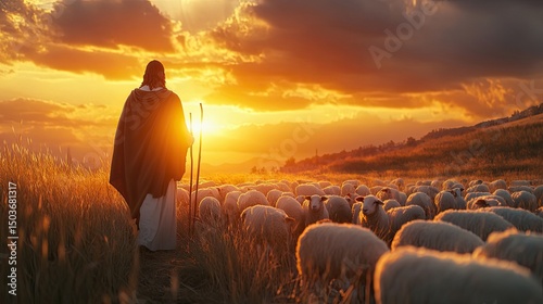 The Good Shepherd Leading His Flock at Sunset