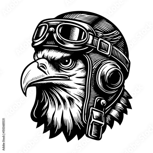 Eagle wears retro pilot helmet engraving black and white outline. Scratch board imitation. illustrated in vintage line art style on a white background.