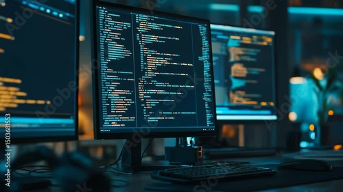 Multiple computer monitors display lines of code in a dimly lit workspace, suggesting software development or cybersecurity activities