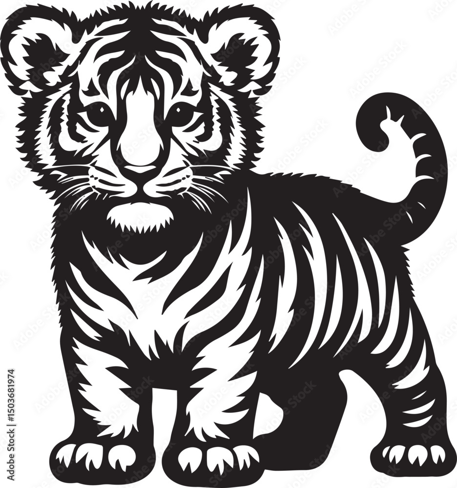 Obraz premium black and white baby tiger, baby tiger silhouette vector icon